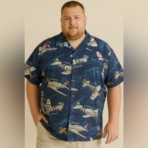RJC Vintage Hawaiian Shirt Airplane Print Blue XXL Made in USA